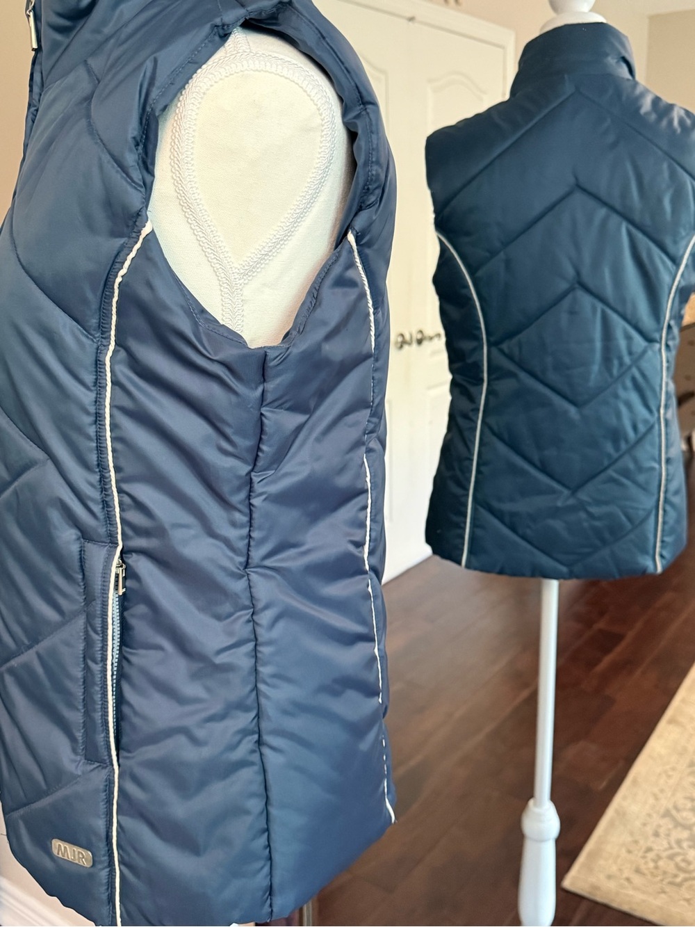 Quilted Navy Women's Puffer Vest with Contrast Piping